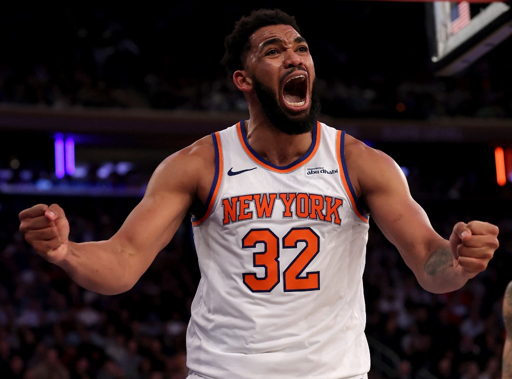 The cover for this NBA player props today article shows Karl-Anthony Towns #32 of the New York Knicks reacting in the second half against the LA Clippers.
