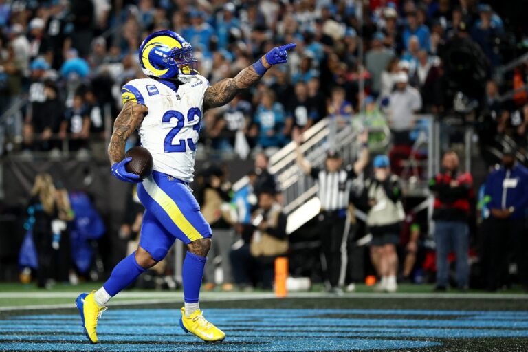 NFC Wild Card Playoffs Los Angeles Rams v Carolina Panthers - Oddstrader - Oddstrader The cover for this NFL divisional round player props article shows Kyren Williams #23 of the Los Angeles Rams celebrates after scoring a 13 yard touchdown against the Carolina Panthers.