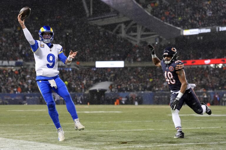NFC Divisional Playoffs Los Angeles Rams v Chicago Bears - Oddstrader - Oddstrader The cover for this NFL championship round player props article shows Matthew Stafford #9 of the Los Angeles Rams passing the ball while being pressured by D'Marco Jackson #48 of the Chicago Bears during the first quarter in the NFC Divisional Playoffs.
