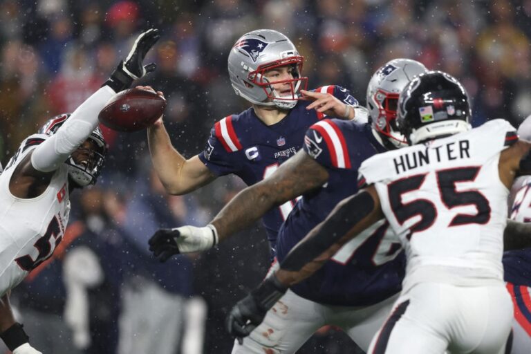 AFC Divisional Playoffs Houston Texans v New England Patriots - Oddstrader - Oddstrader The cover for this NFL championship round odds article shows Will Anderson Jr. #51 of the Houston Texans forcing a fumble against Drake Maye #10 of the New England Patriots.