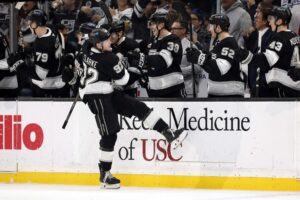 Brandt Clarke #92 of the Los Angeles Kings celebrates a goal against the Vegas Golden Knights.