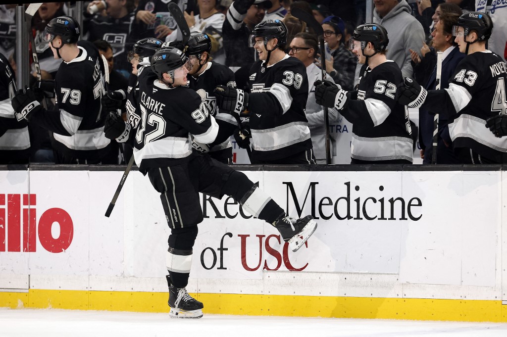 Brandt Clarke #92 of the Los Angeles Kings celebrates a goal against the Vegas Golden Knights.