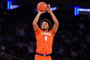 Butta Johnson #4 of the Clemson Tigers shoots during the game against the BYU Cougars.