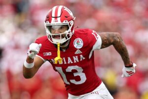 Elijah Sarratt #13 of the Indiana Hoosiers in action against the Alabama Crimson Tide.