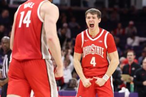 Gabe Cupps #4 of the Ohio State Buckeyes celebrates during the second half against the Northwestern Wildcats.