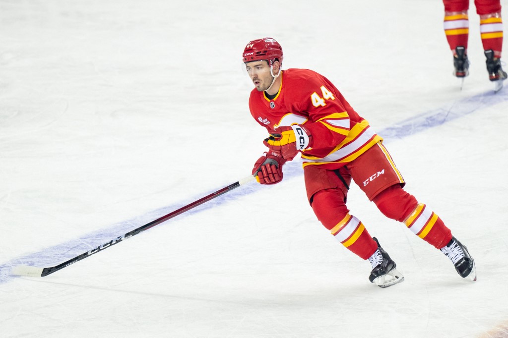 Joel Hanley #44 of the Calgary Flames warms up before a game against the Pittsburgh Penguins.