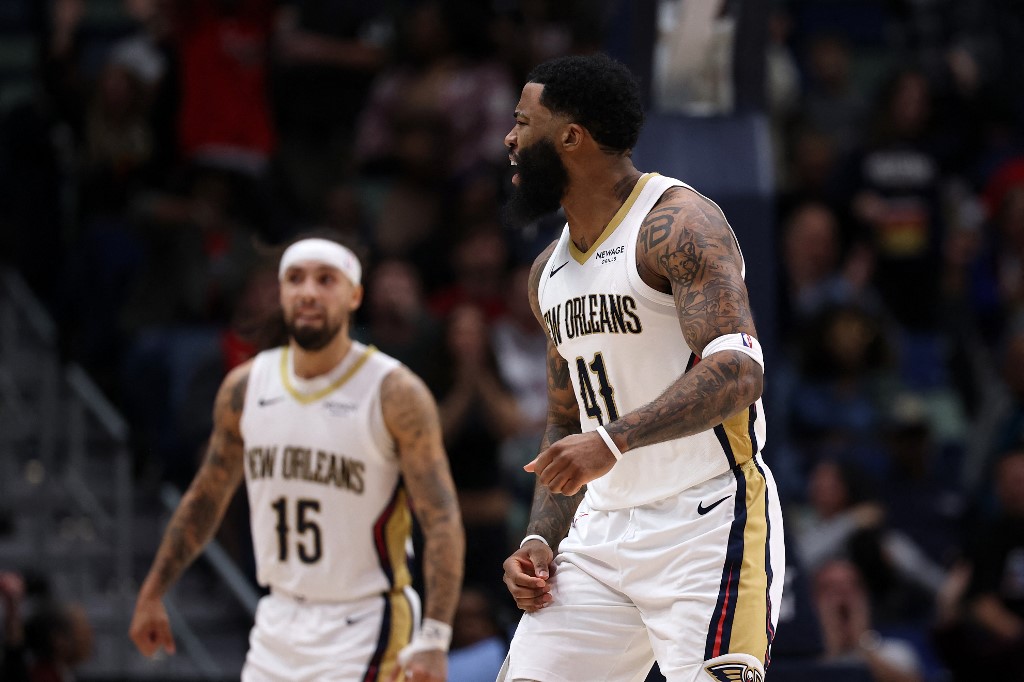 Saddiq Bey #41 of the New Orleans Pelicans reacts after a shot against the Houston Rockets.