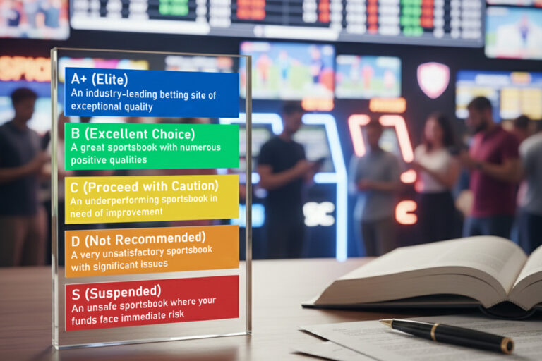 sportsbook reviews ratings displayed on a table with A+ being the best and S being the worst