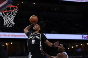 Stephon Castle #5 of the San Antonio Spurs goes to the basket against Jaren Jackson Jr. #8 of the Memphis Grizzlies.