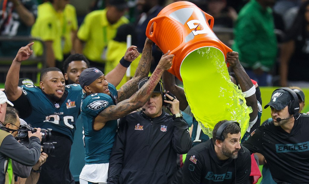 The cover for this NFL Super Bowl novelty props article shows head coach Nick Sirianni of the Philadelphia Eagles being showered with Gatorade in the fourth quarter against the Kansas City Chiefs during Super Bowl LIX.