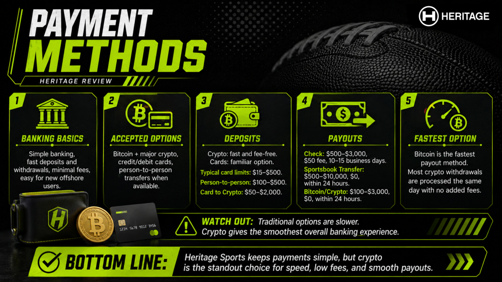 Heritage Sports payment methods image showing banking options, deposits, payouts, crypto withdrawals, card limits, and fastest payout method
